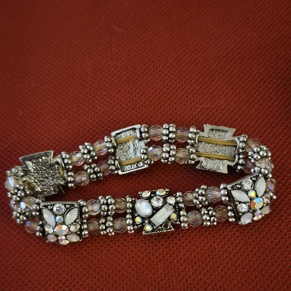 Silver Multi Rhinestone Crystal AB Beaded Stretch Expansion Statement Bracelet